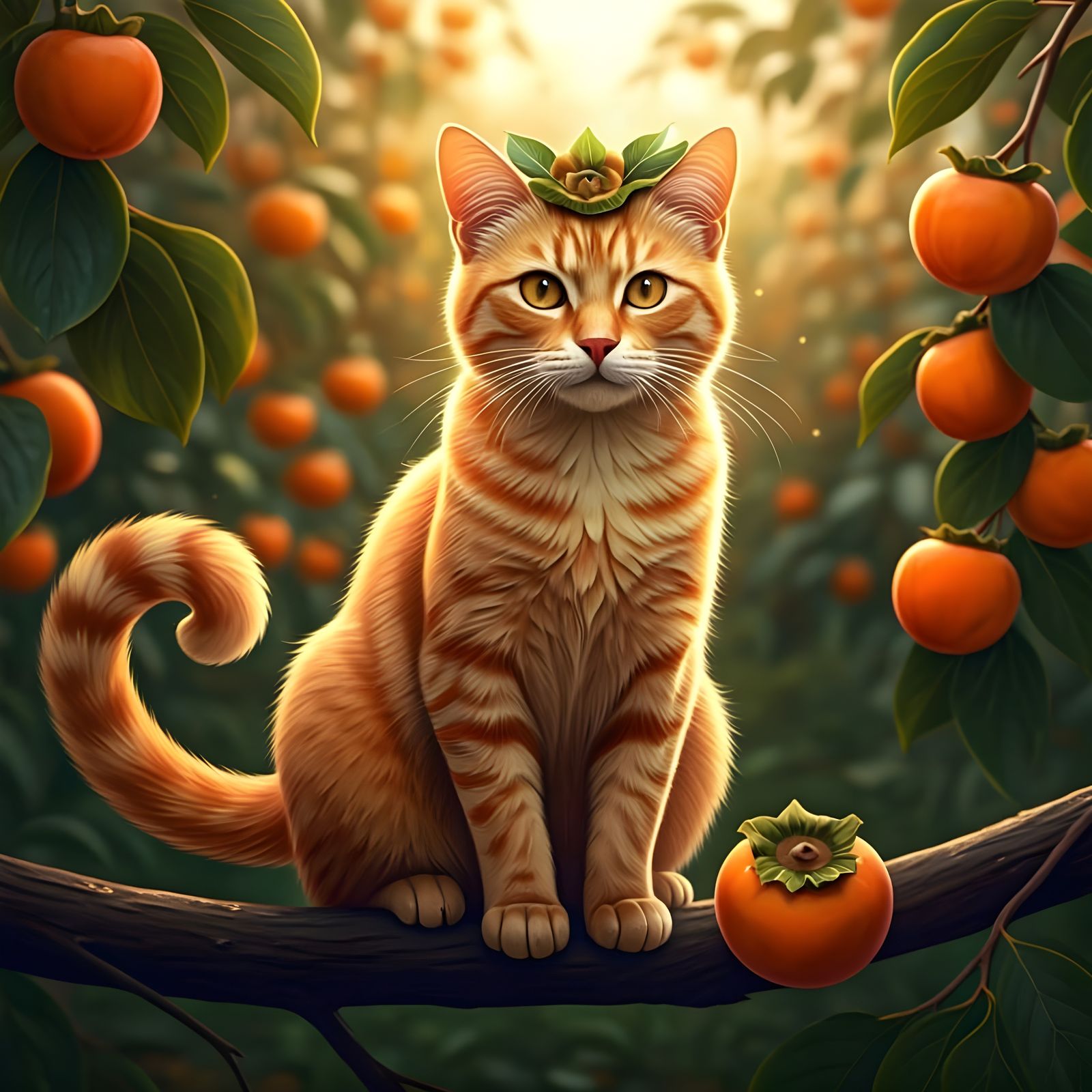 Feline Persimmon Royalty in Whimsical Autumn Scene