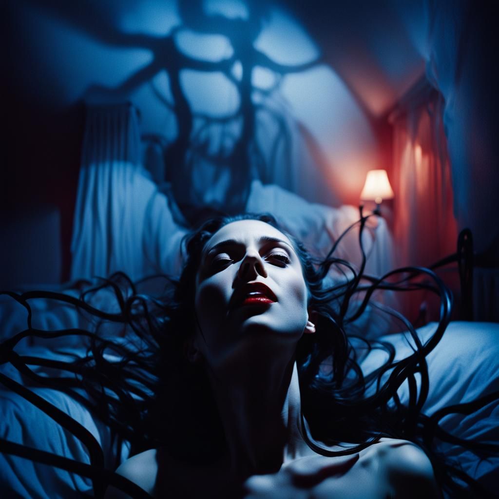 Surreal Upside Down Woman in Bedroom