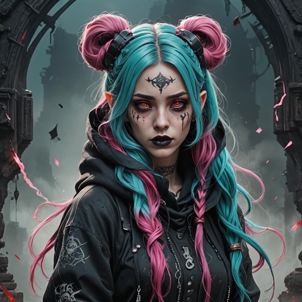 Gothic Rogue with Cyan and Pink Hair