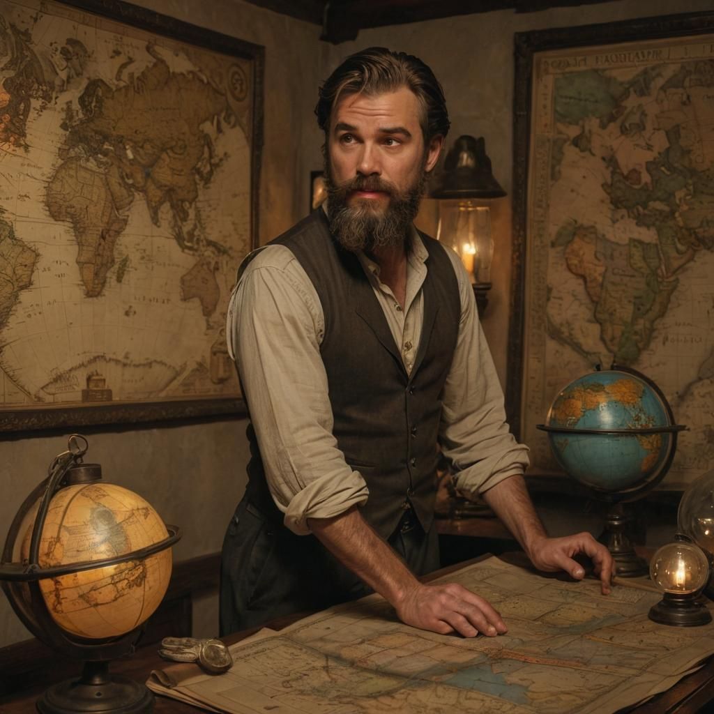Bearded Cartographer Working in Dimly Lit Room