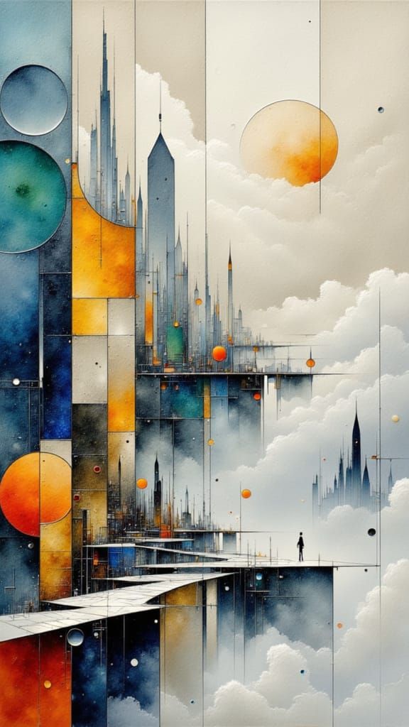 Smog-Veiled Futuristic City in Expressive Watercolor Style