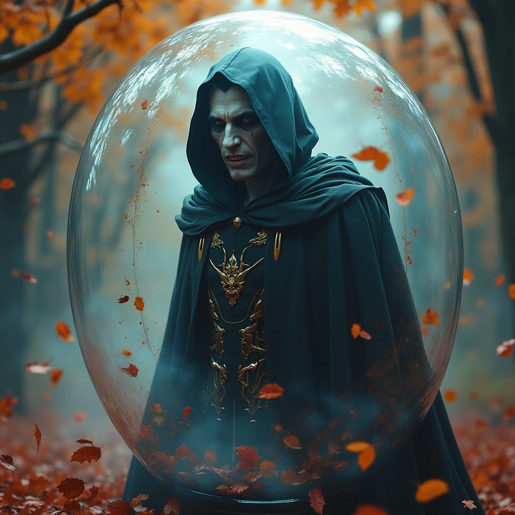 Eerie Vampire in Glass Sphere with Autumn Leaves