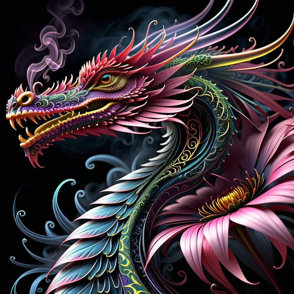 Intricate Coneflower Dragon in Kinetic Pointillism Style