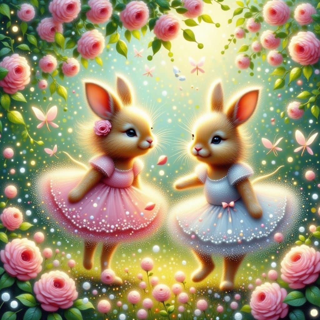 Impressionistic Rabbits Dancing Among Rose Petals