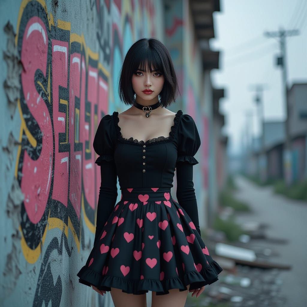 Yami Kawaii Woman in Post-Apocalyptic Cityscape