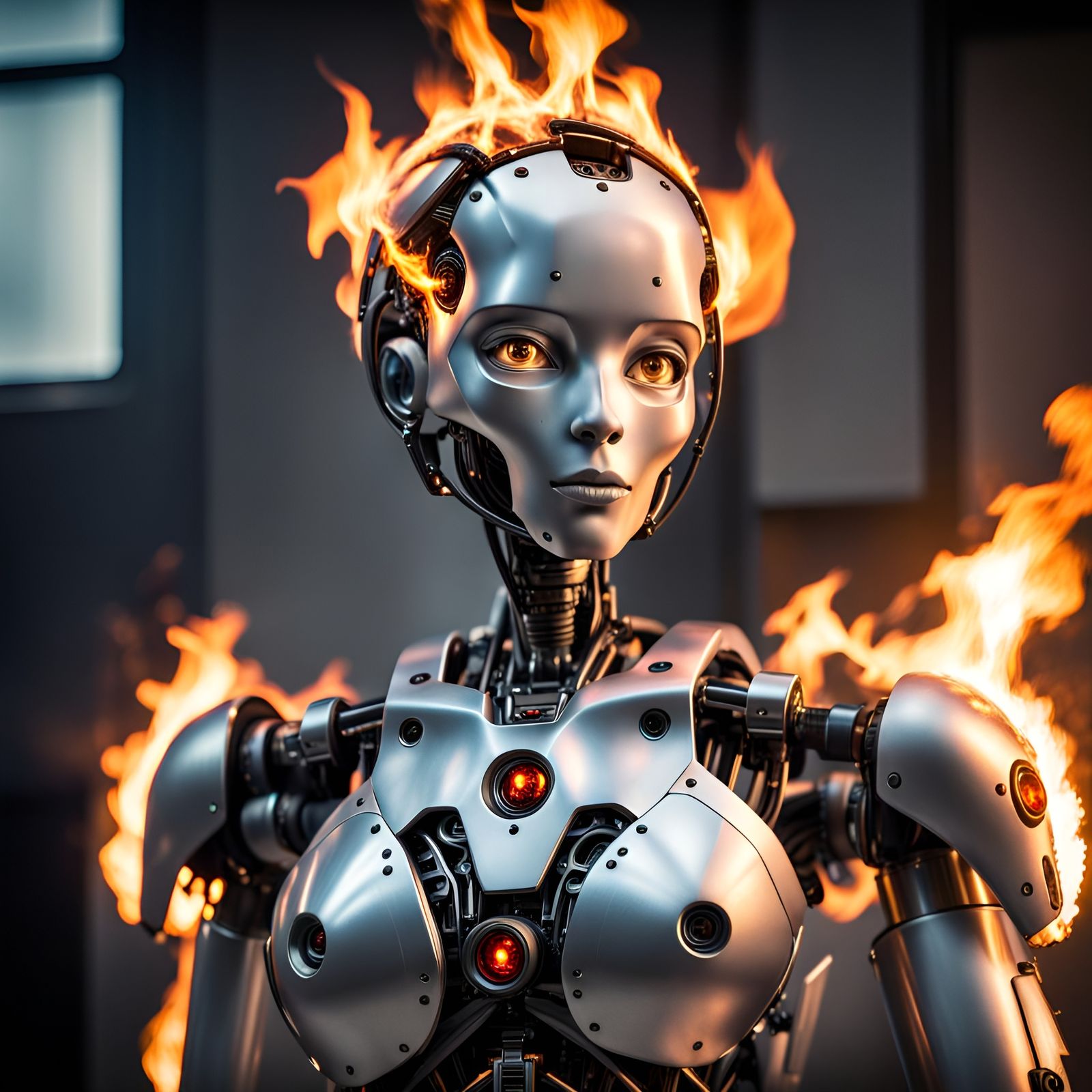 Humanoid Robot with Flamethrower in Hyperrealistic Style