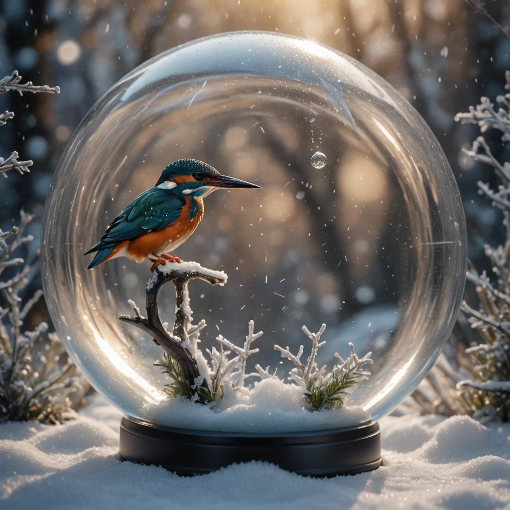 Kingfisher Bird in Snow Globe, Black Light Art