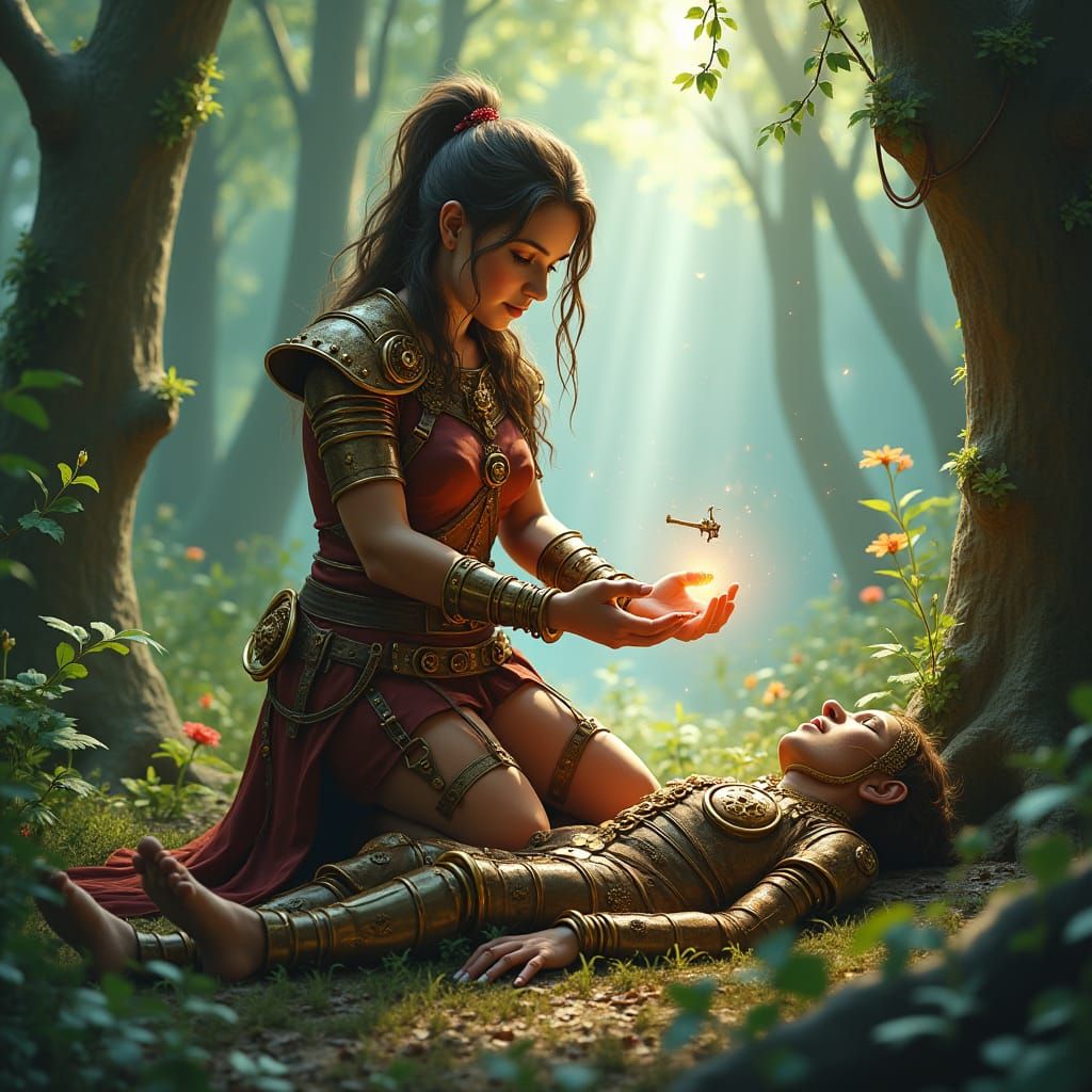 Halfling Sorcerer Heals Warrior with Clockwork Magic