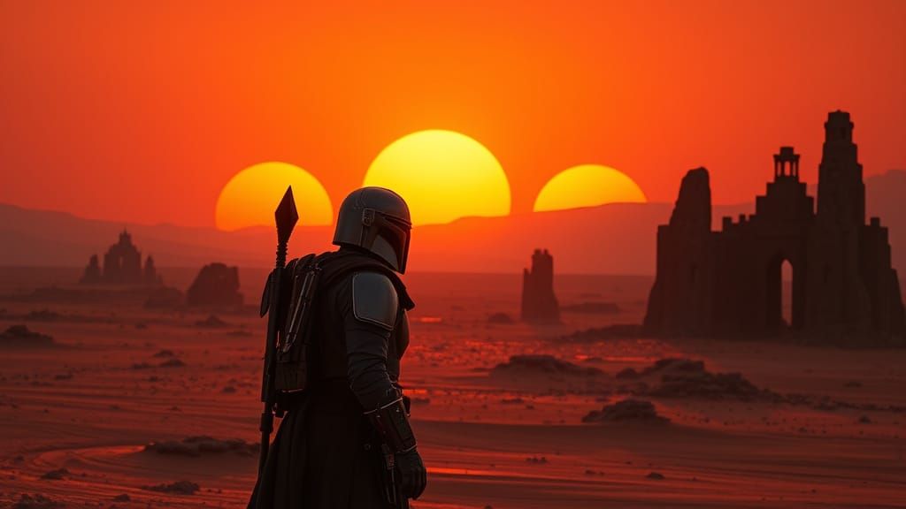 Mandalorian Silhouette Against Triple Sunset