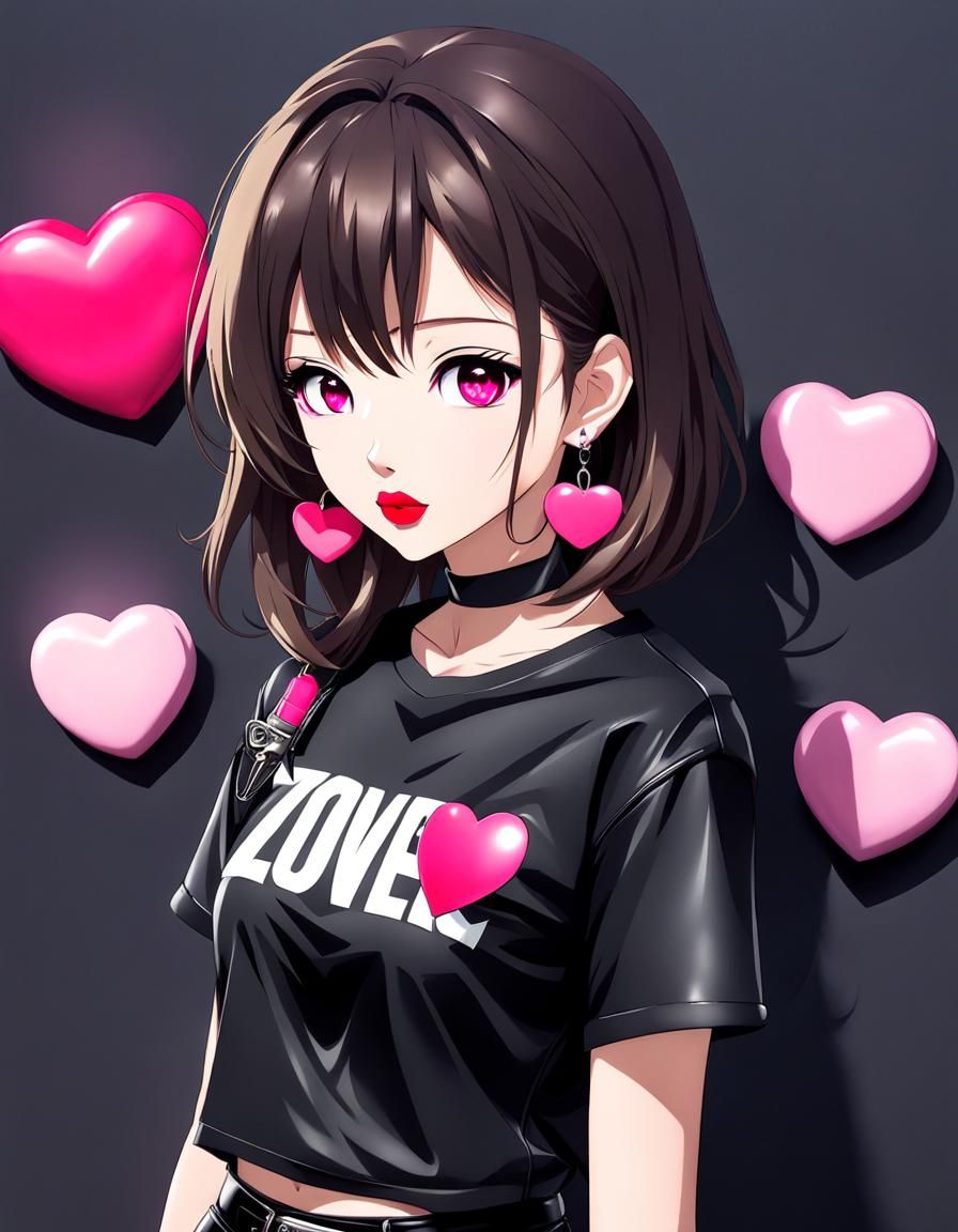 Anime Girl with Pink Heart Earrings