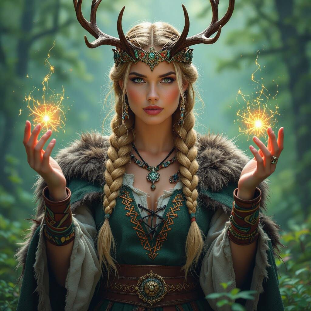 Viking Woman Summoning Growth in Alpine Forest