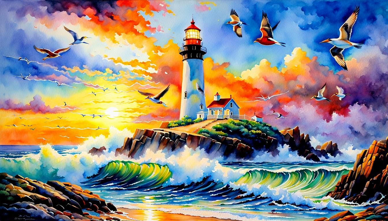 Watercolor Lighthouse Scene with Birds