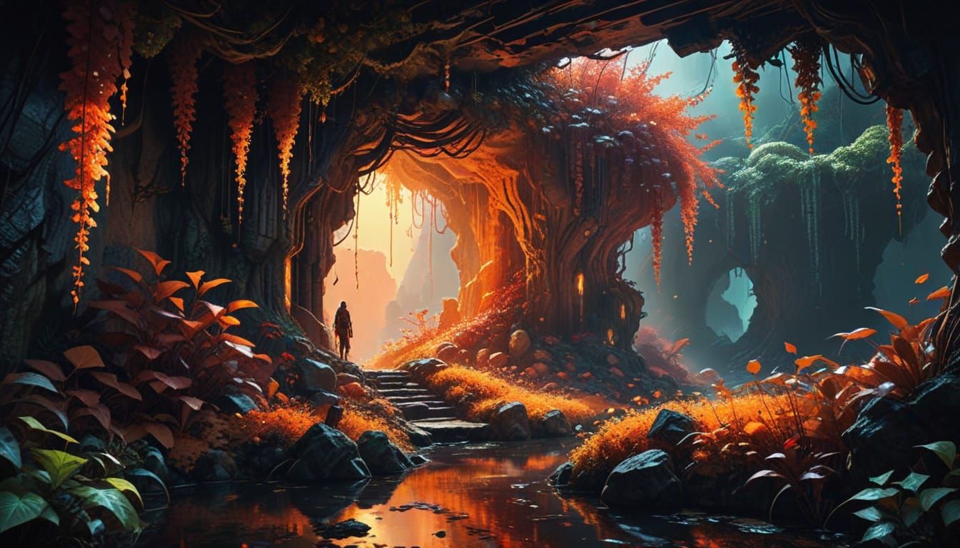 Magical Autumn Cave in Watercolor Anime Style