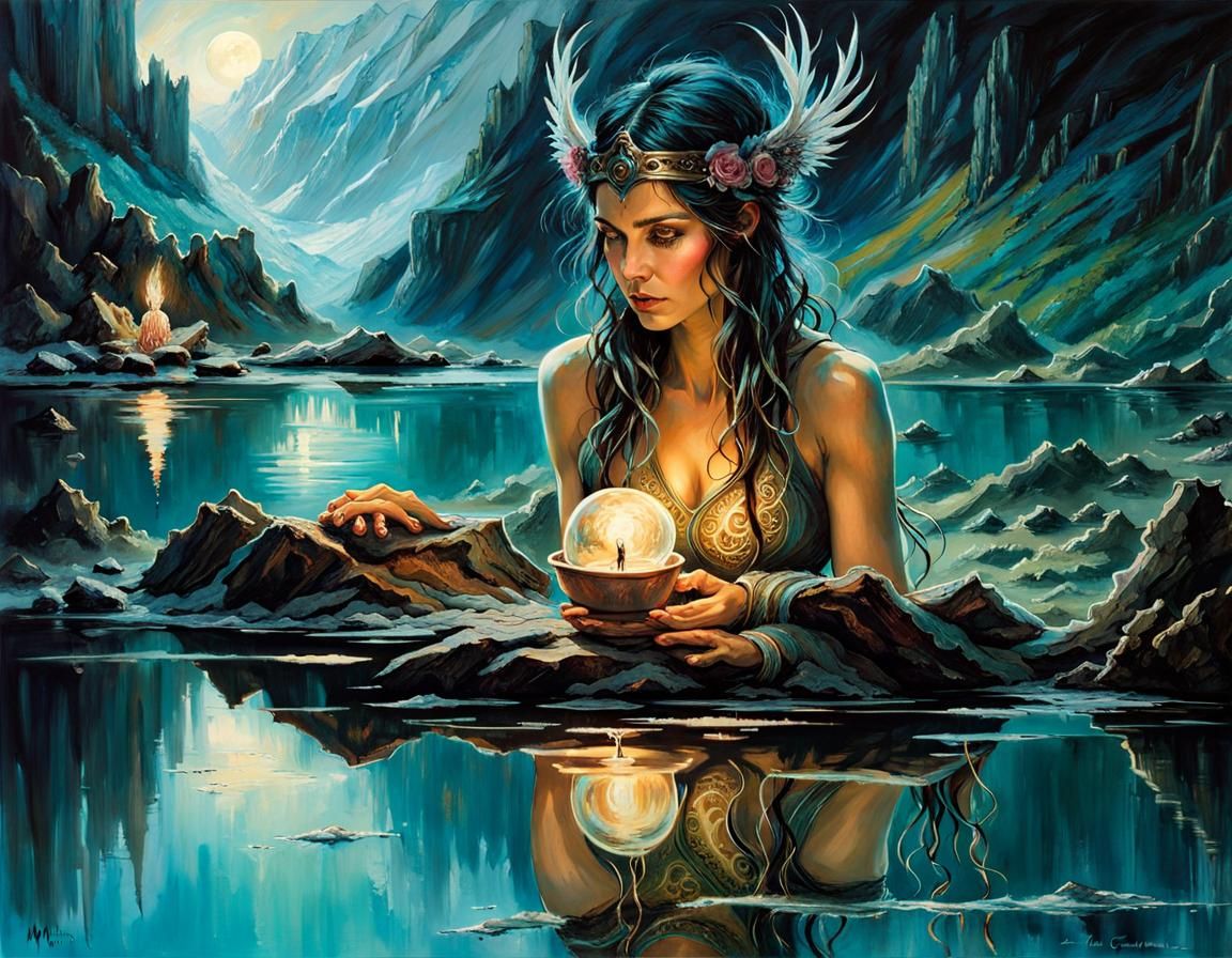 Bioluminescent Greek Goddess Reflecting in Mountain Pond
