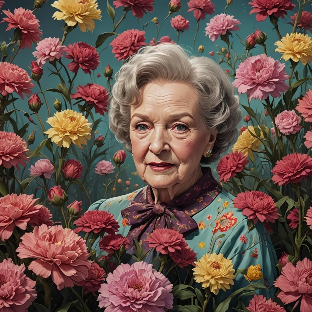 Betty White Surrounded by Carnations as Impasto Painting