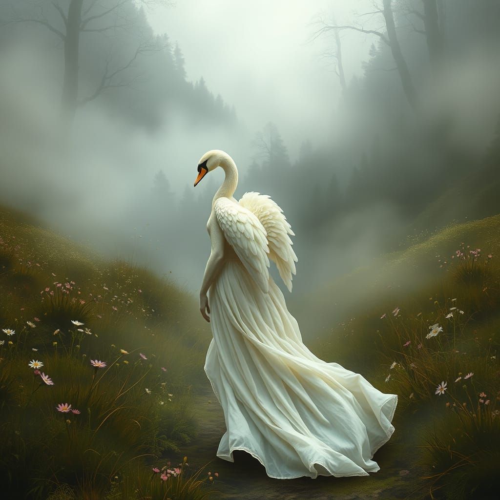 Swan Maiden in Misty Valley: Pre-Raphaelite Elegance