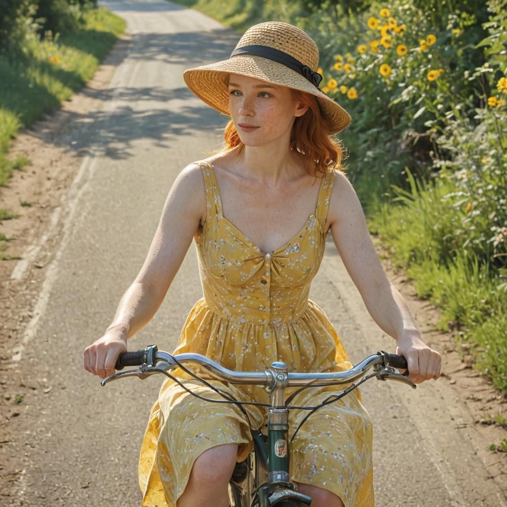 Redhead on Bicycle: Impressionist Painting in Vivid Colors