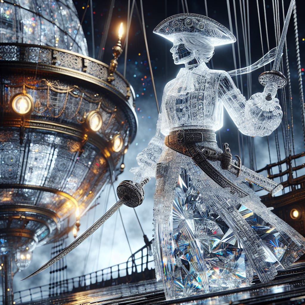 Crystal Pirate Woman on Airship Fantasy Artwork