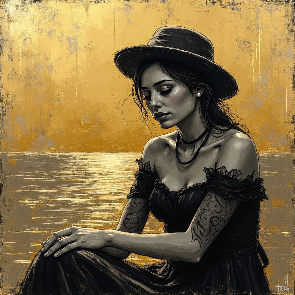 Abstract Babe in Gold Ink Pointillism Style