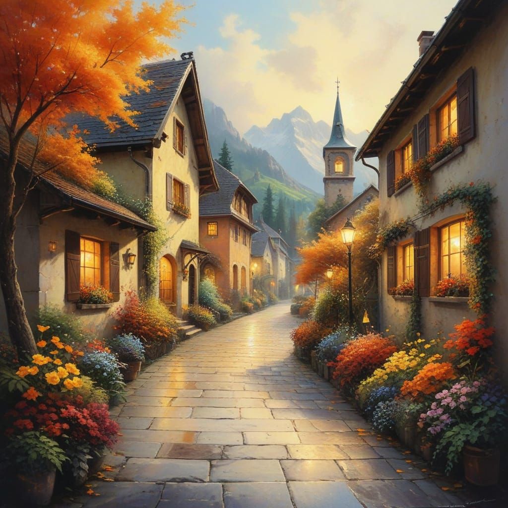 Whimsical Swiss Alleyway Scene in Thomas Kinkade Style
