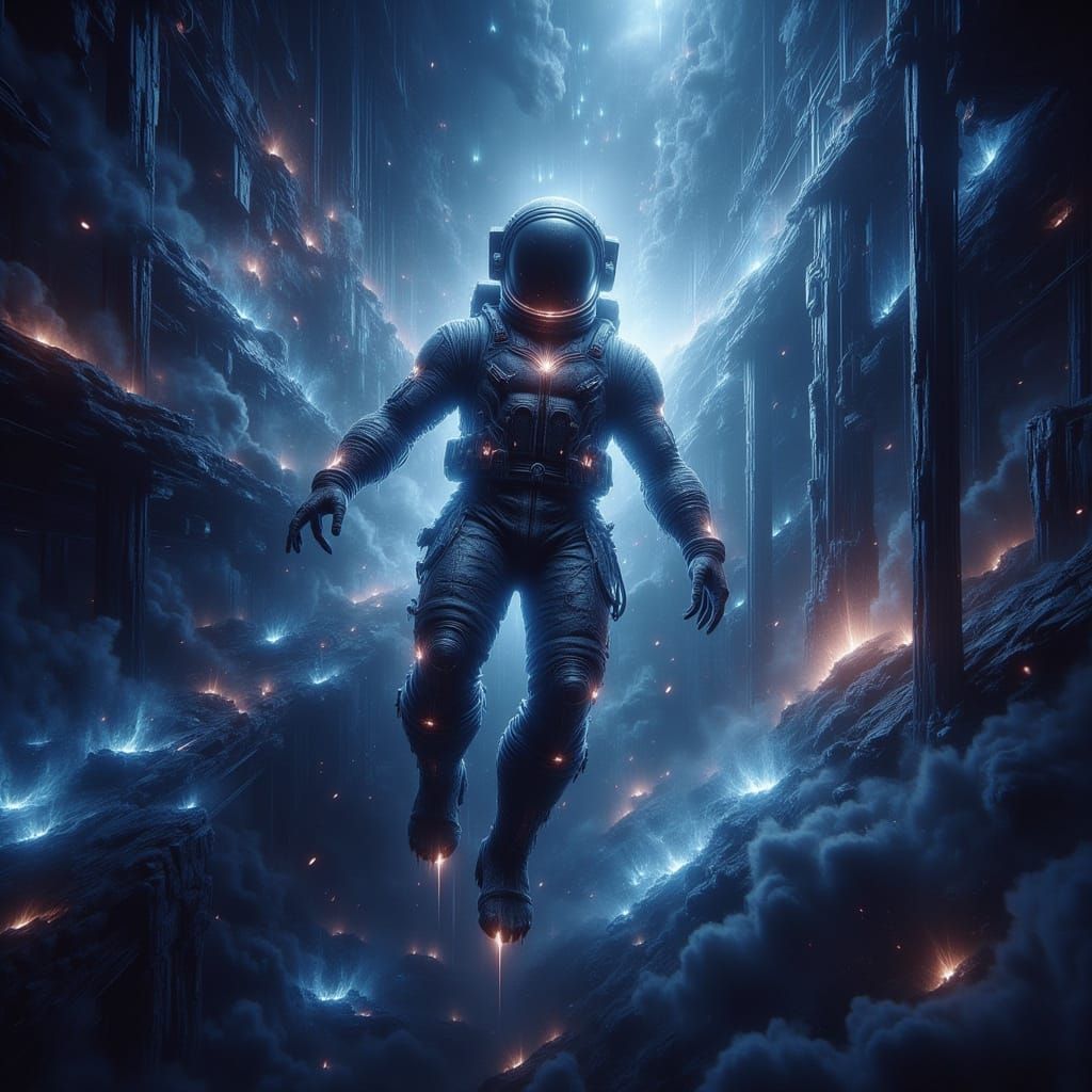 Astronaut Tethered to Space Station by Bioluminescent Webs