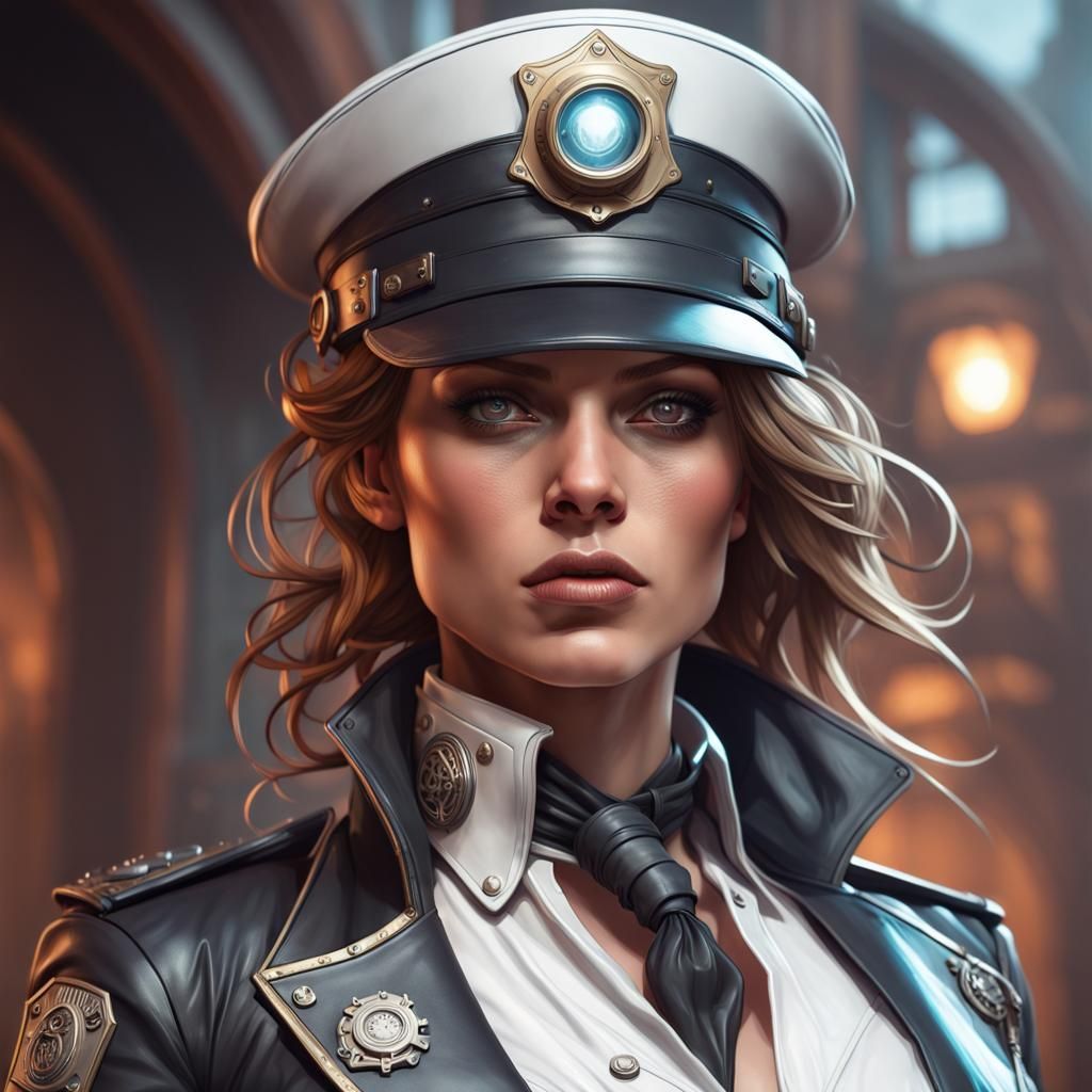 White steampunk woman as cop
