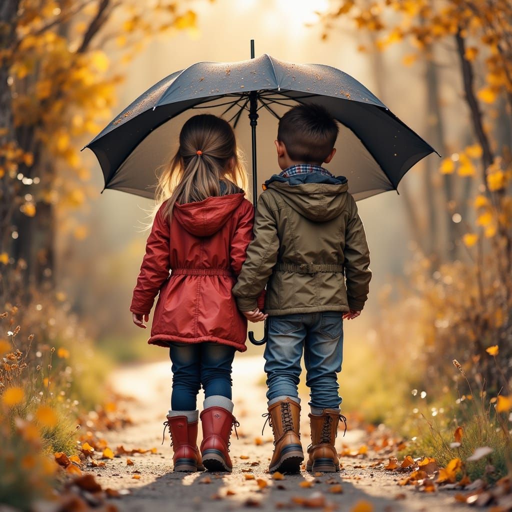 Children Under Black Umbrella in Golden Hour Light