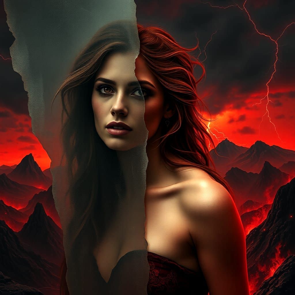 Tormented Woman in Hell with Red Lightning