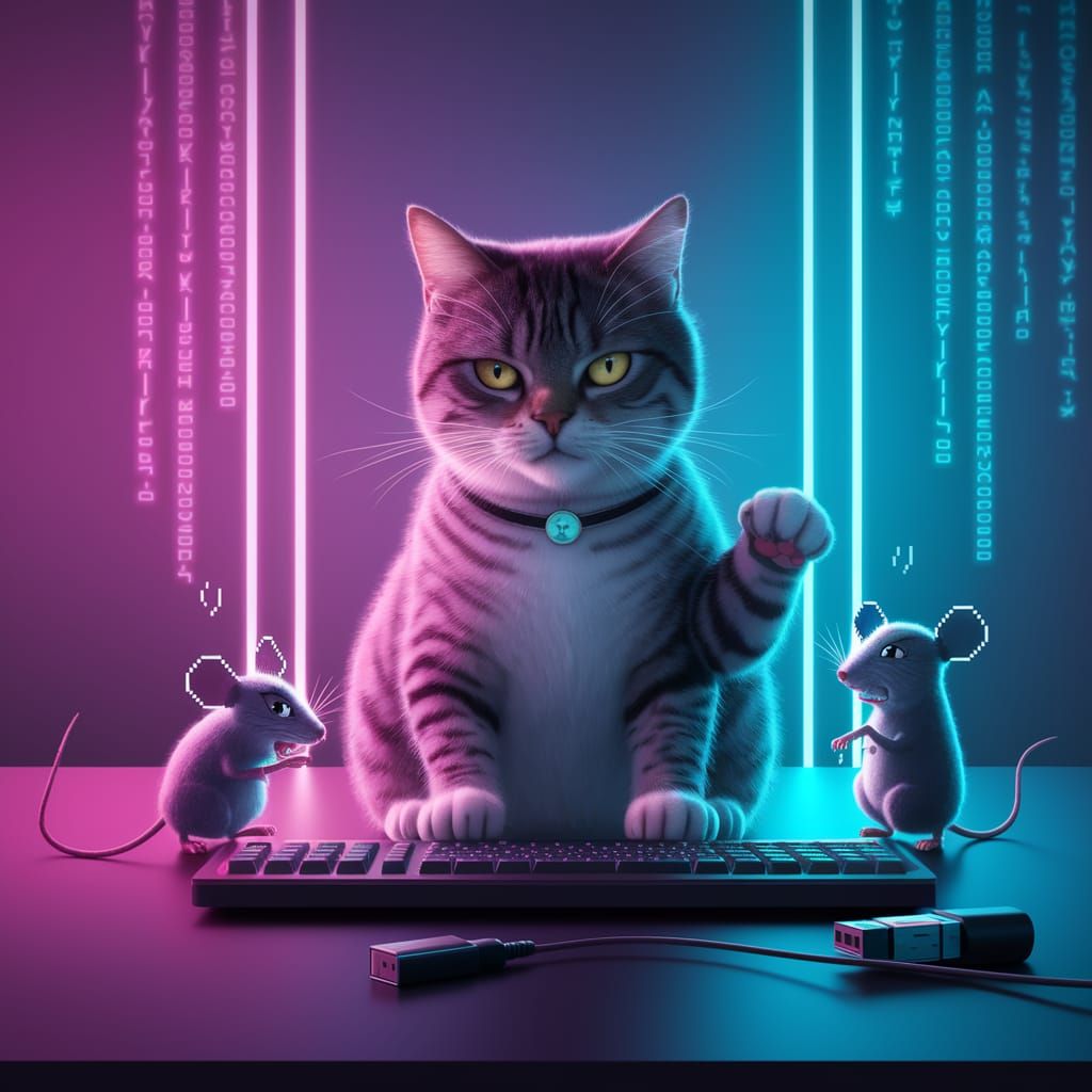 Cyberpunk Programmer Cat Prepares to Strike Pixelated Virus ...