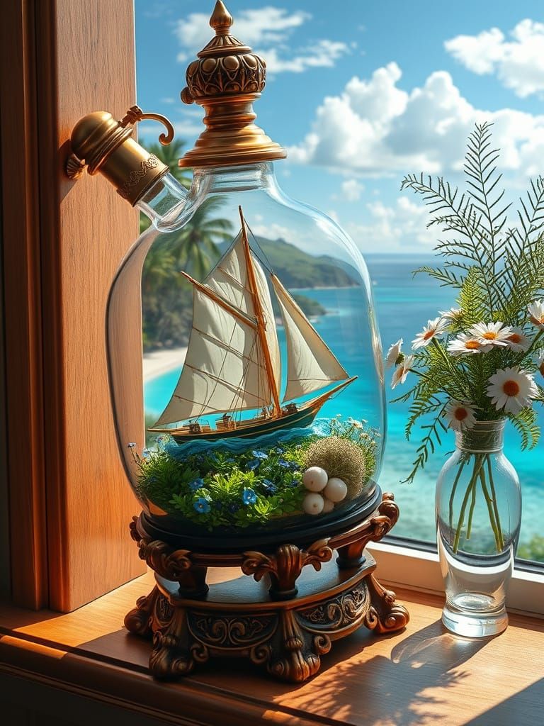 Ornate Glass Bottle with Sailing Ship Scene in Miniature Gar...