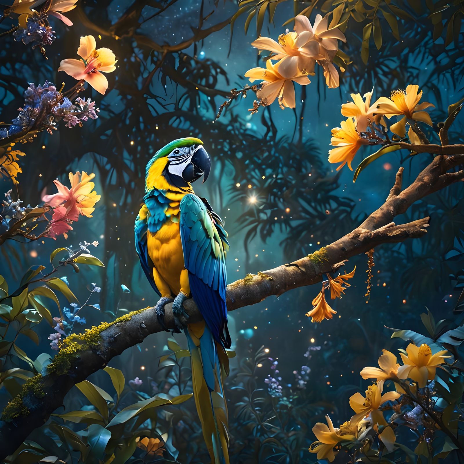 Majestic Macaw in Enchanted Forest, Fantasy Art