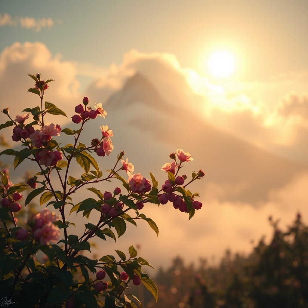 Surreal Cloudberry Blooms in Ethereal Mountain Landscape