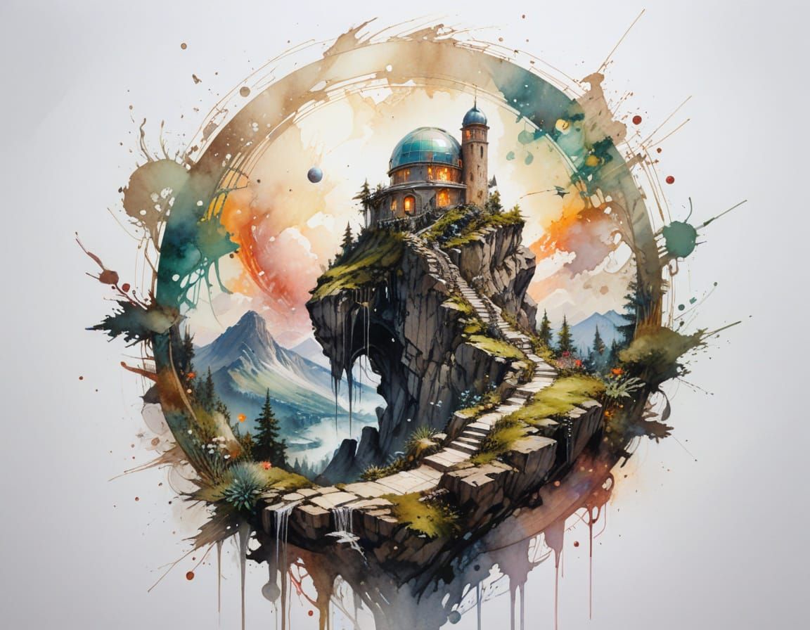 Cosmic Observatory on Mountain Peak Under Dual-Toned Sky