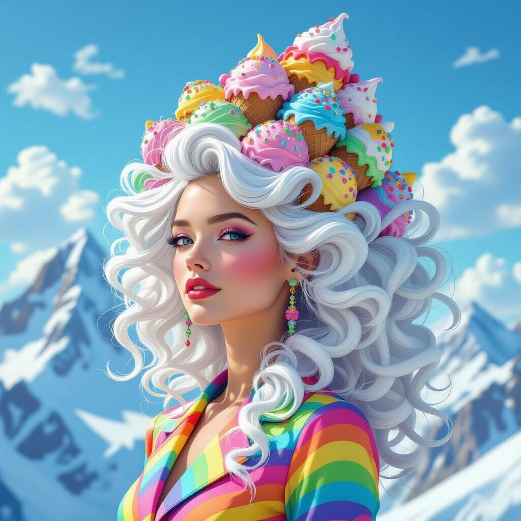 Whimsical Woman with Ice Cream Hair, Art Nouveau Style