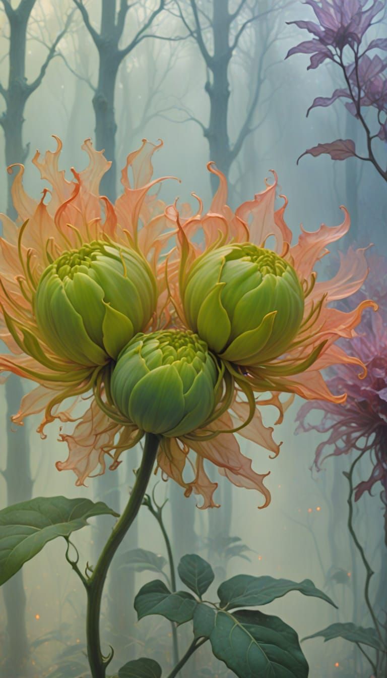Surreal, Dreamlike Blooms in a Dark, Misty Forest