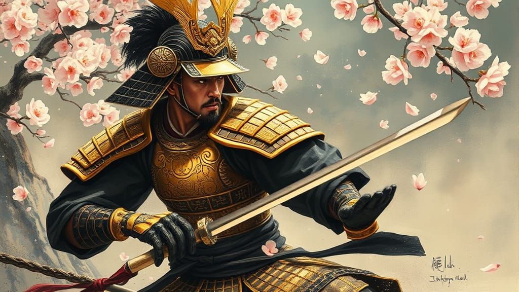 Surreal Samurai in Traditional Ukiyo-E Style Oil Painting