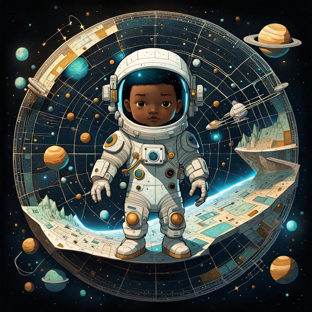 Toddler Astronaut with Milky Way Map in Sci-Fi Style