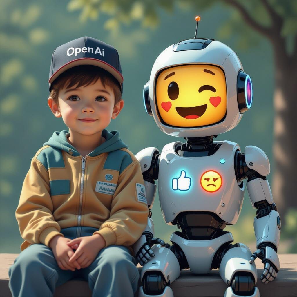 Boy and Emoji Robot in Futuristic Fantasy Art