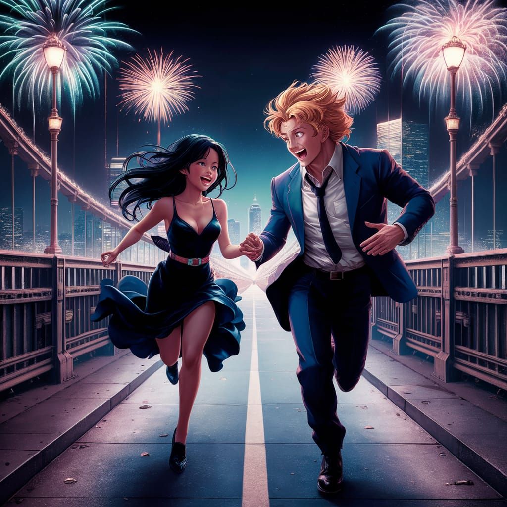 Joyful Reunion on City Bridge in Manga Style