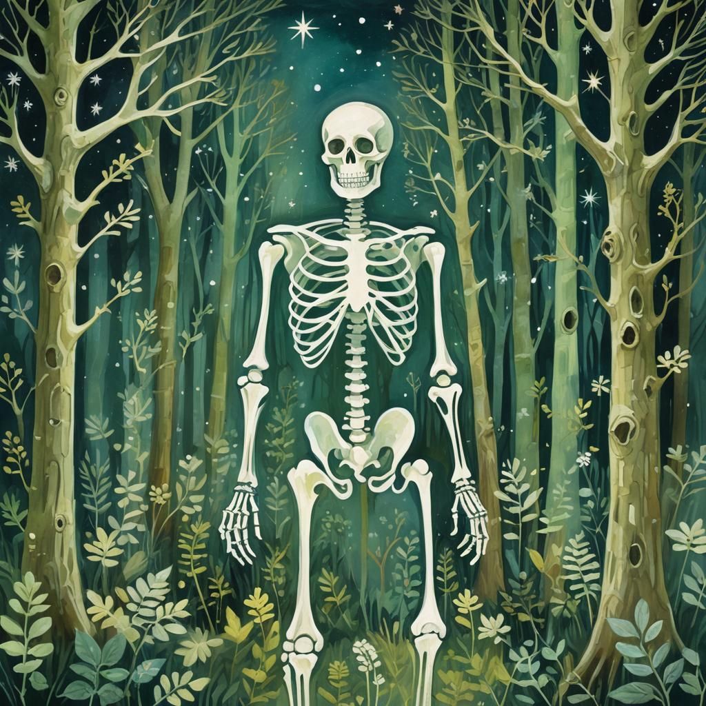 White Skeleton in Forest: Gouache Style Portrait