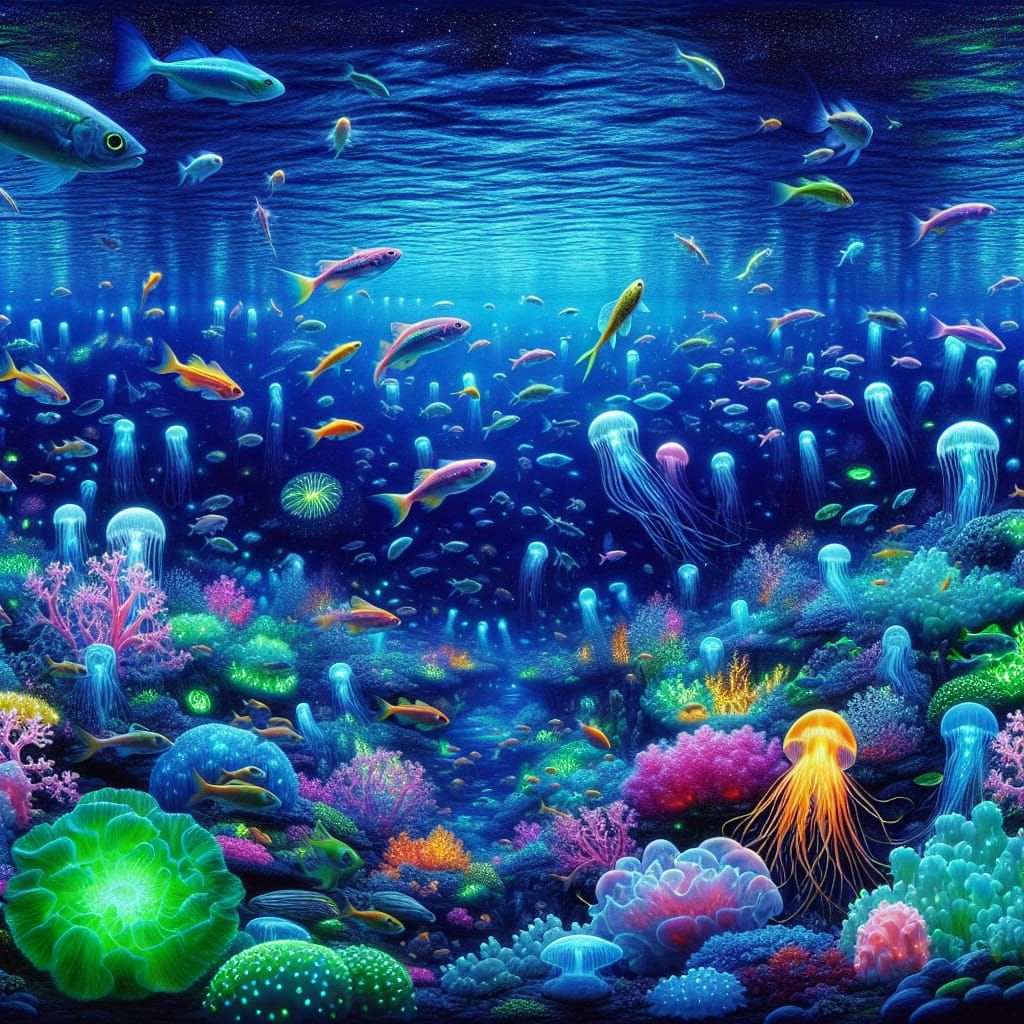 Luminescent Marine Life in Sapphire Sea