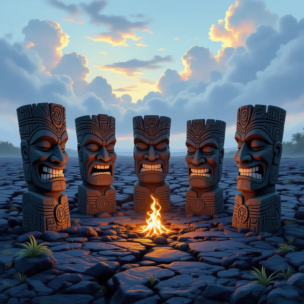 Tiki Heads on Lava Field with Ornate Symbols