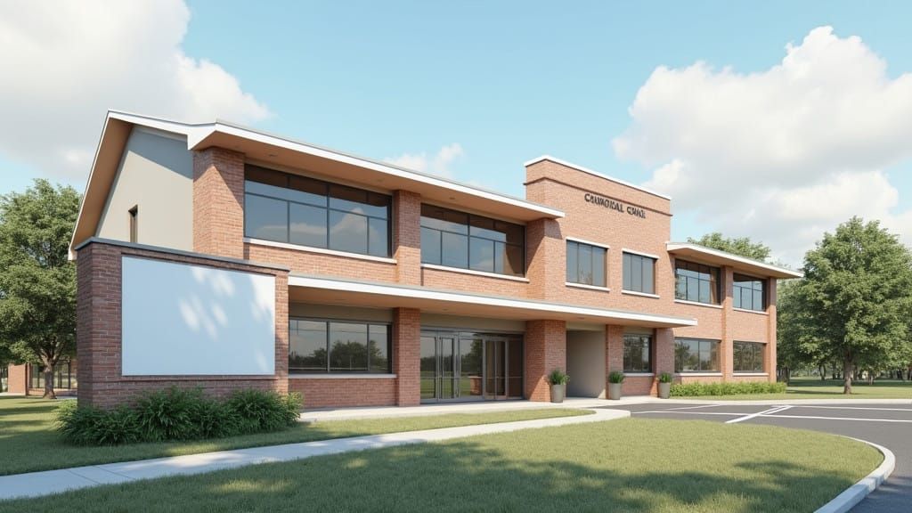 Modern School Building in CGI Style with a Prominent Marquee