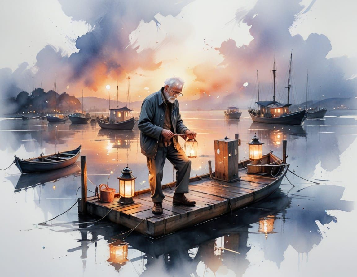 Elderly Man Lighting Dock Lanterns at Twilight