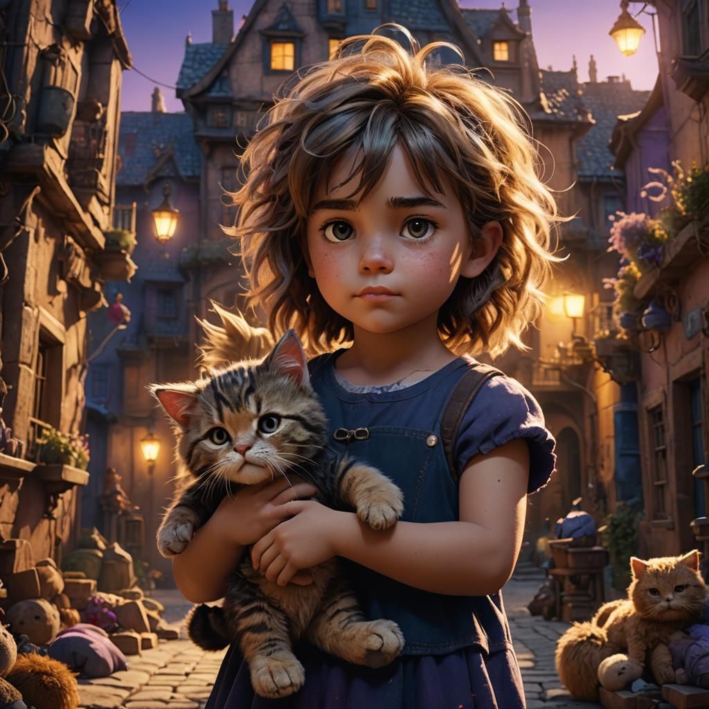 Girl with Plush Cat in Golden Light