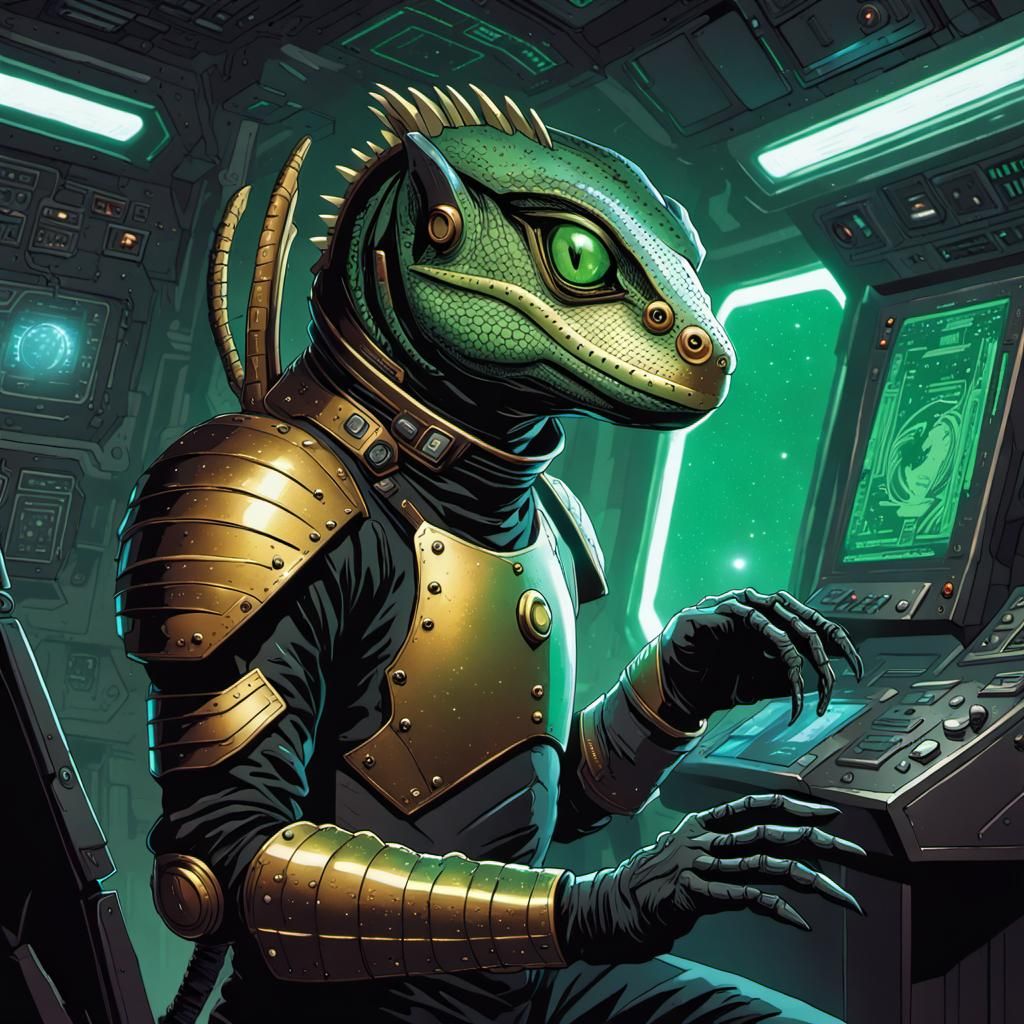 Lizard Person in Sci-Fi Armor, Comic Book Art