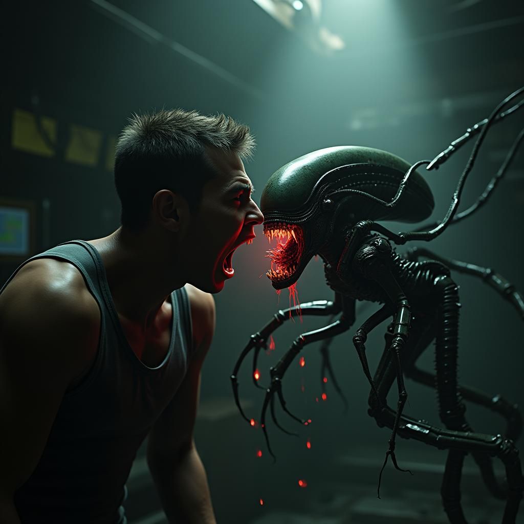 Terrifying Facehugger Attacks in Dark Sci-Fi Matte Painting