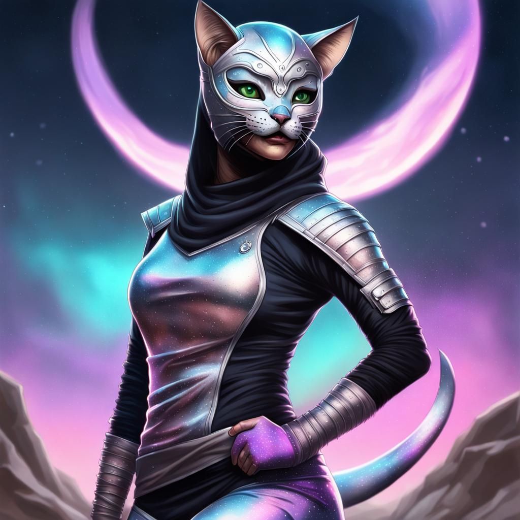 Galaxy Pastel Goth Khajiit Ninja in Anime Style