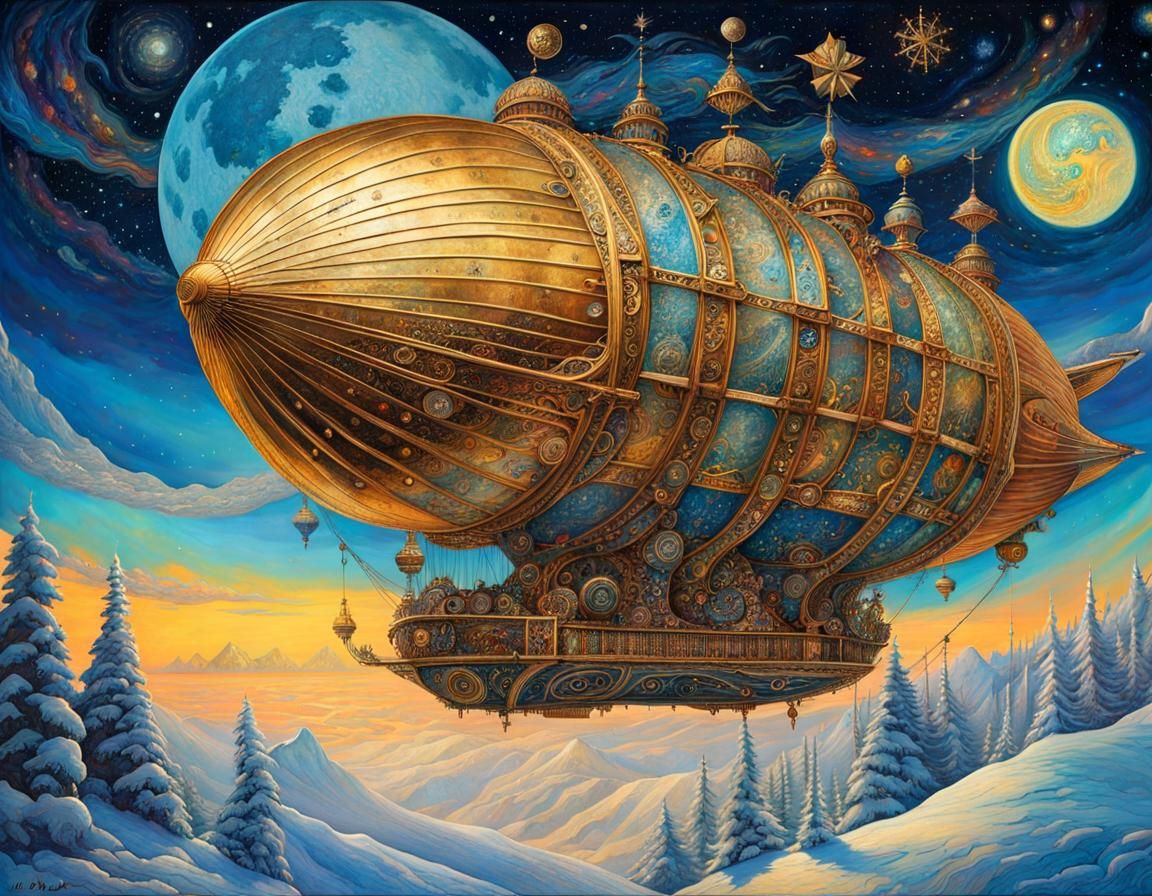 Steampunk Airship Soaring Over Snowy Mountains