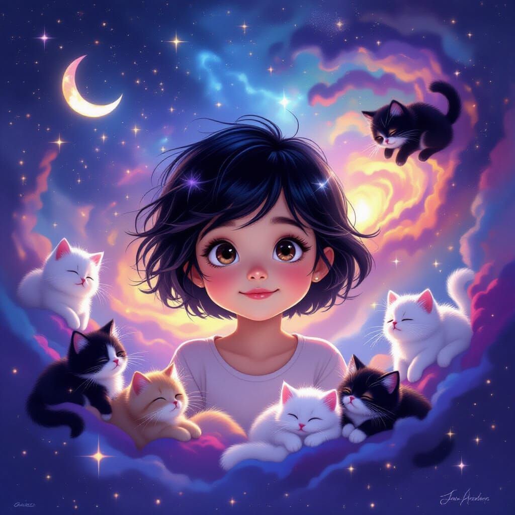 Girl Floating in Kitten Nebula, Cosmic Digital Art